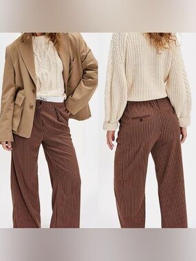 NEW Free People Tyler Menswear Trousers Pinstripe Brown Wide Leg Pants Size M